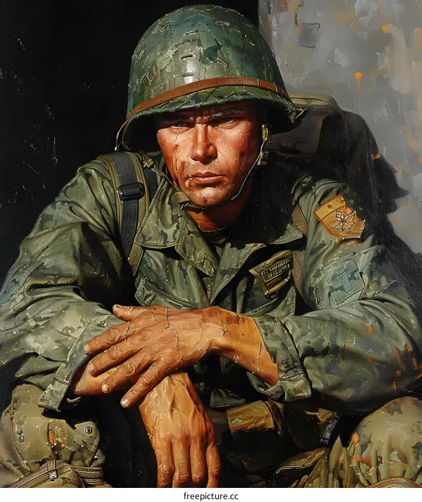 A pensive soldier sits on a rock in a war zone