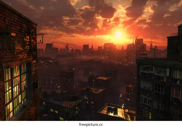 A digital painting of a cityscape at sunset.