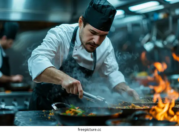 Stir-frying in a professional kitchen