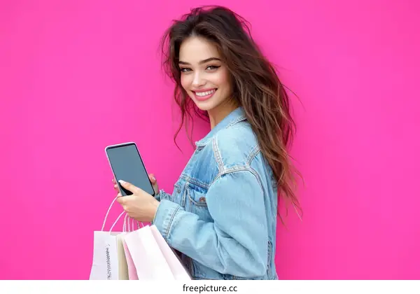 Smiling Woman with Shopping Bags Holding a Tablet