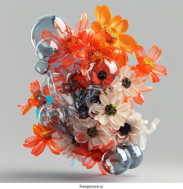3D rendering of orange and white flowers with glass bubbles
