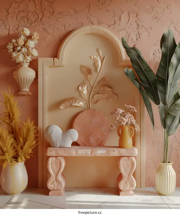 Beige and Gold  3D Rendered Interior with Stone Bench