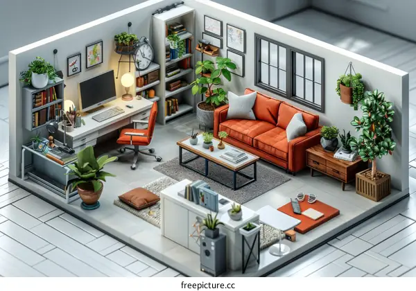 Cozy Home Office with Sofa and Plants