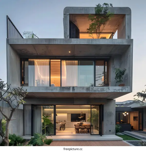 Modern Concrete House with Minimalist Design and Large Windows