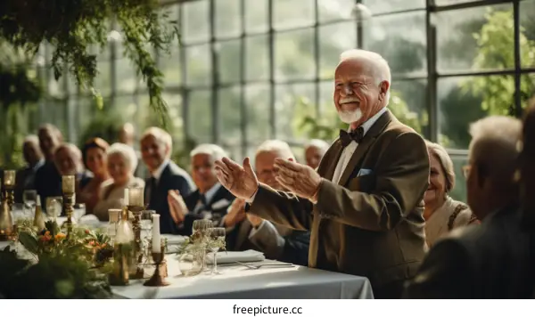 An elderly man giving a speech at a wedding reception