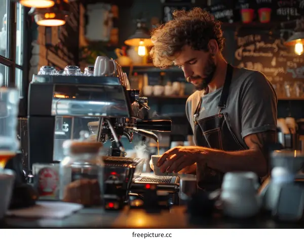 Barista making coffee with a coffee machine
