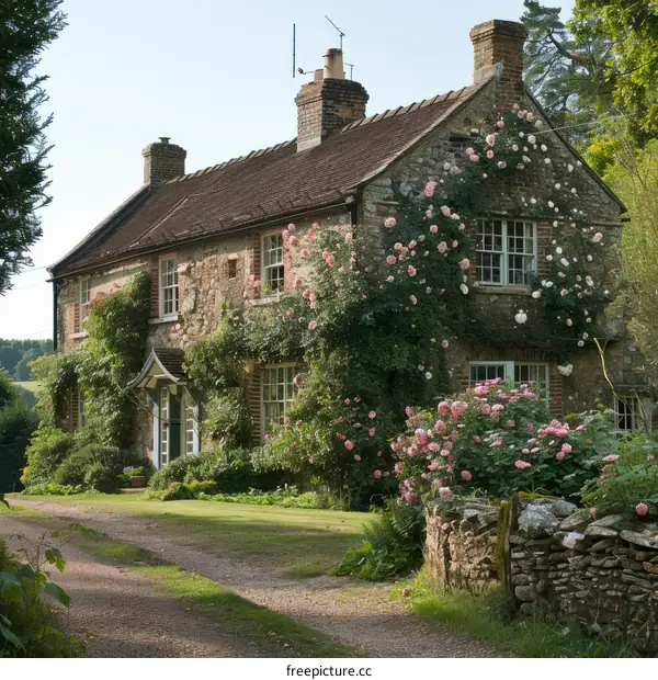 Stone Cottage with Climbing Roses in the English Countryside