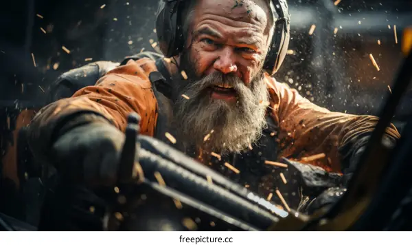 Welding sparks fly from a bearded man's work