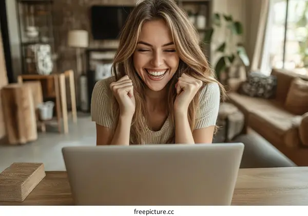 Happy Woman Celebrating Success on Laptop