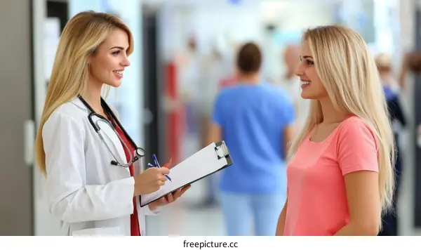 Two Caucasian Women in a Medical Setting Discussing
