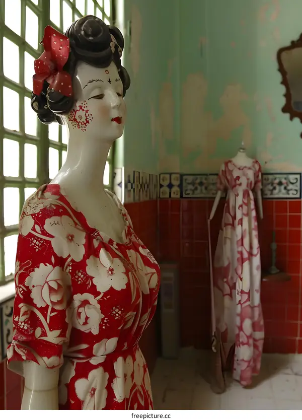 Vintage Porcelain Doll Wearing Red Floral Dress