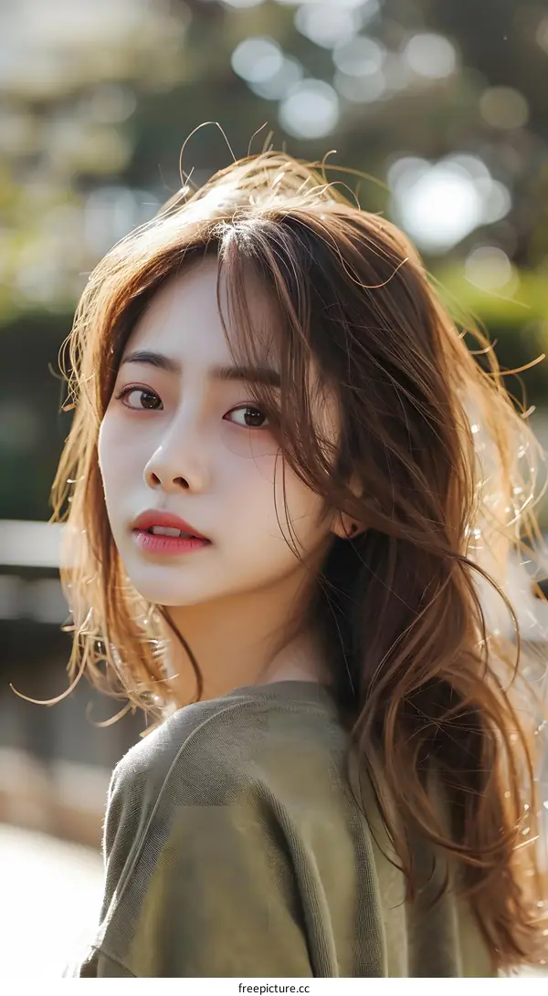 Beautiful Asian Woman with Long Brown Hair Looking Over Shoulder