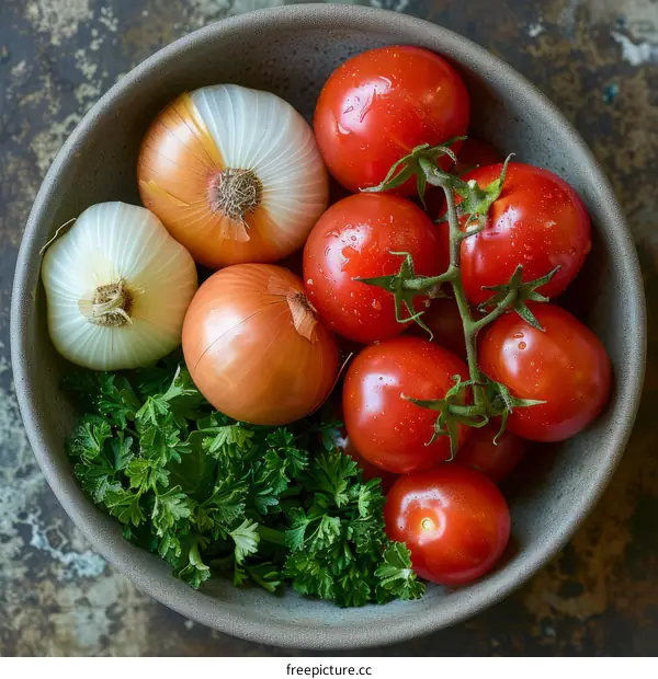A bowl of tomatoes, onions and parsley