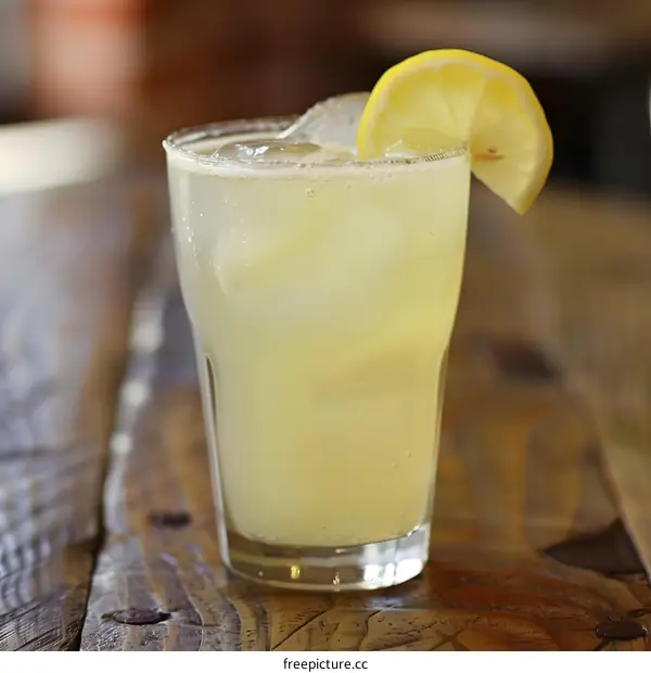 Closeup of Refreshing Lemonade with Ice and Lemon Slice