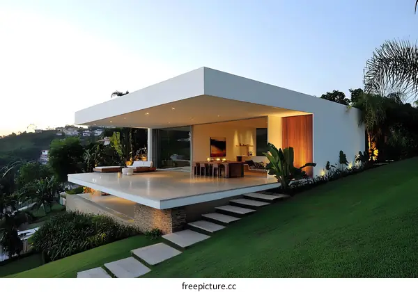 Modern White House with Terrace overlooking Landscape