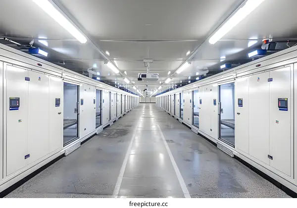 Interior of a Large Industrial Facility with Multiple White Doors
