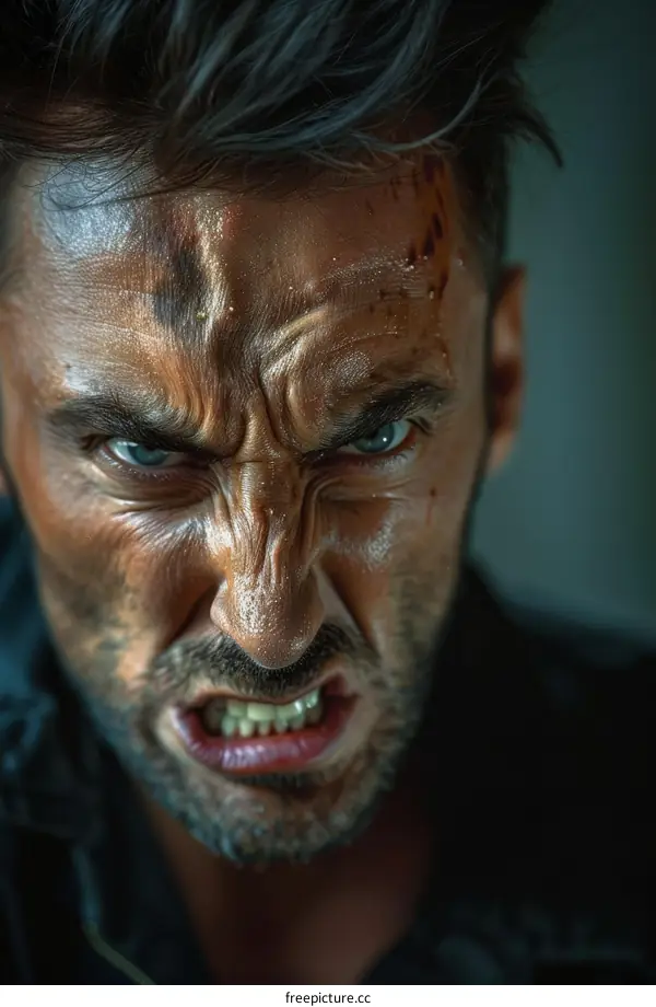 Close Up Angry Caucasian Man Face Portrait