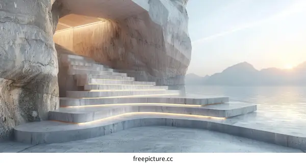 Futuristic concrete amphitheater with a view of the lake