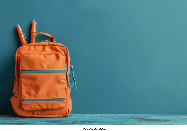 Orange backpack with school supplies on turquoise background