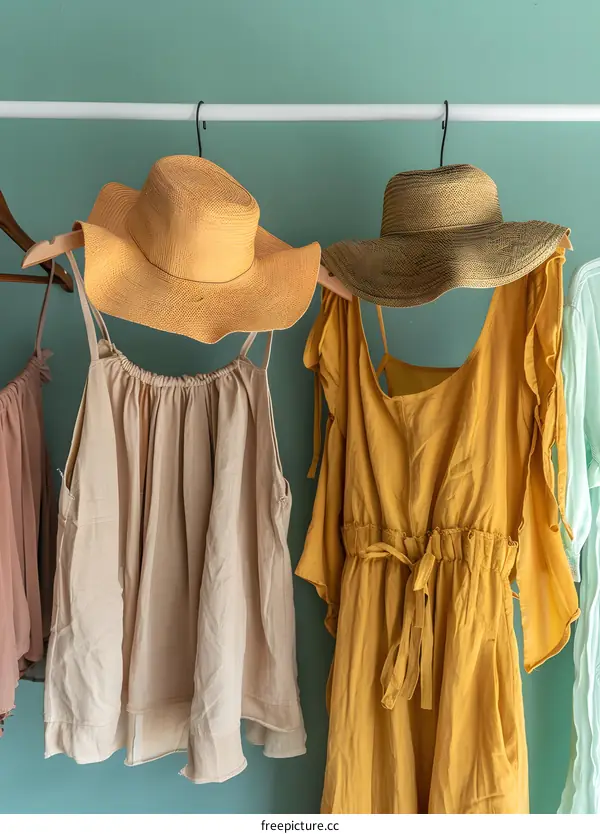 Beige and Yellow Summer Dresses and Hats Hanging on a Rack