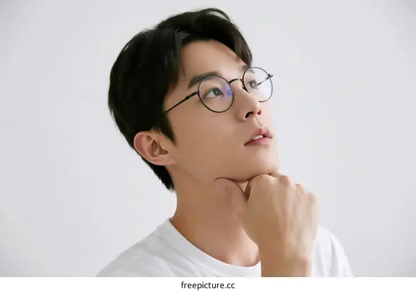 Young man with glasses looking up in a thoughtful pose
