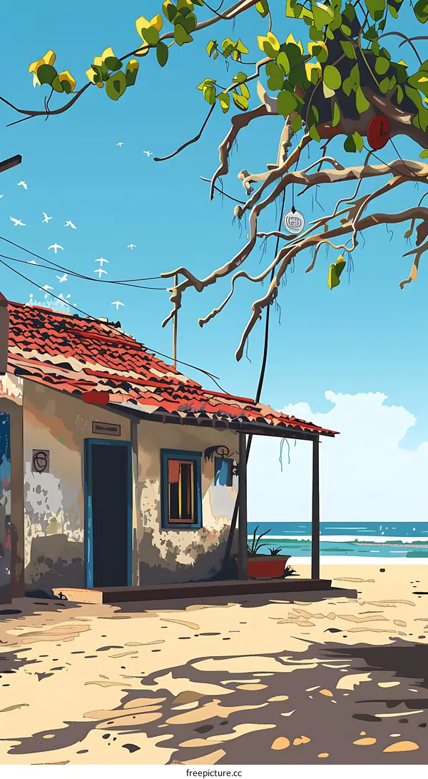 Tropical Beach Hut Illustration with Palm Tree