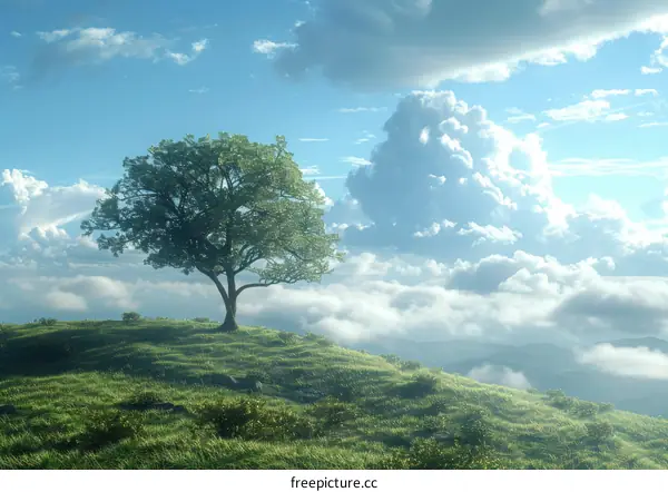 Lonely Tree On A Hilltop With Cloudy Sky