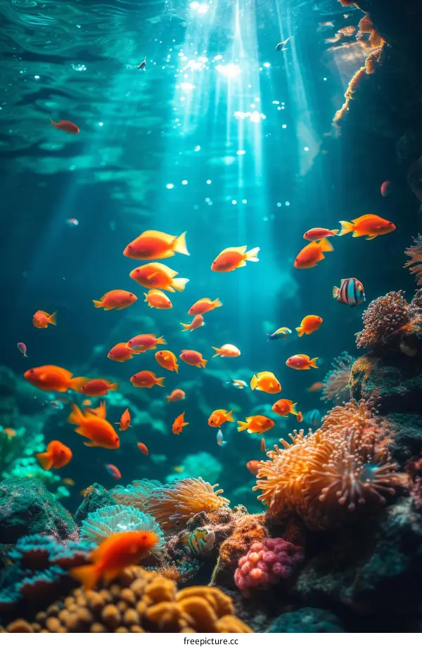 Tropical fish swim near a coral reef in the ocean.