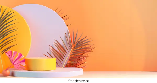 Orange and Yellow Circle Shapes Background With Tropical Leaves