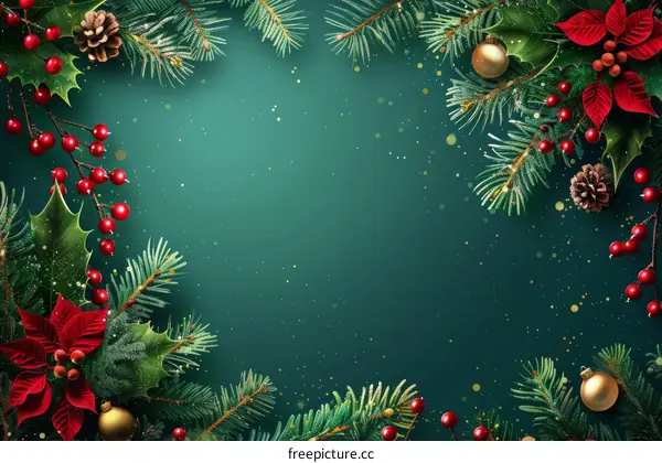 Christmas background with a border of fir branches and red and gold ornaments