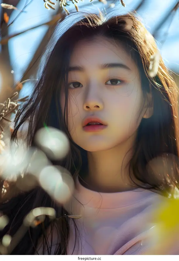 Portrait of a Young Asian Woman with Long Black Hair in a Pink Sweater Looking Directly at the Camera