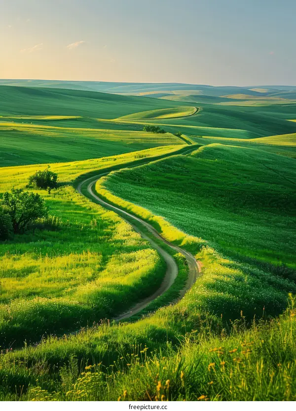 Scenic view of a rural dirt road through a lush green rolling hill landscape
