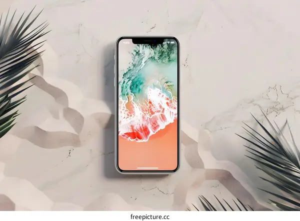 White Smartphone with Beach Background on White Marble