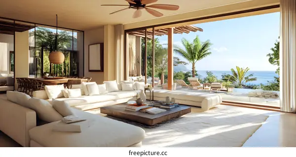 Modern Living Room with Ocean View and Tropical Decor