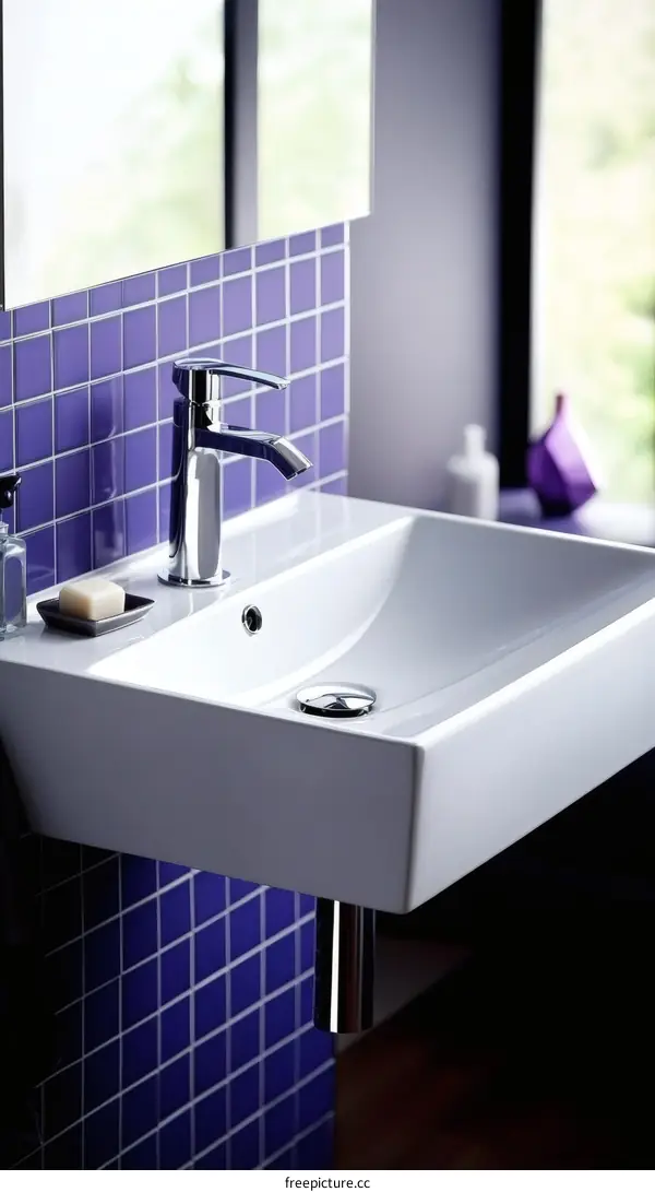 Modern Bathroom Sink with Purple Tiles