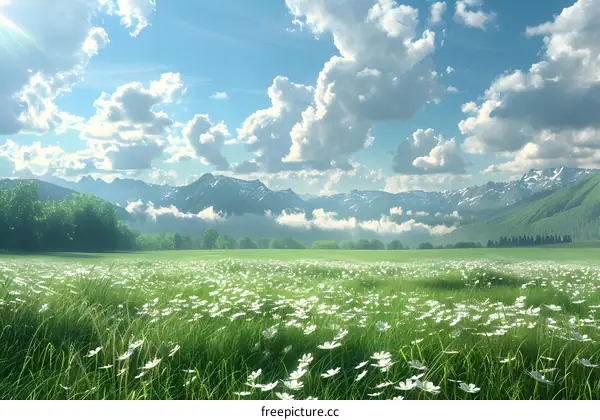 Field of daisies under a blue sky