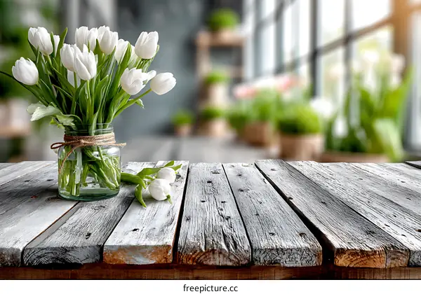 White Tulips in a Glass Jar on a Wooden Table