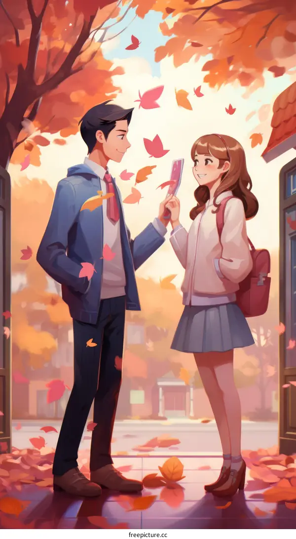 A boy and a girl are standing under a tree in the fall. The boy is giving the girl a letter.