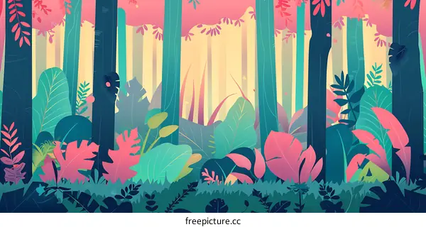 Abstract Forest Illustration With Green And Pink Leaves