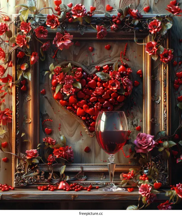 Valentines Day Still Life with Red Roses and Wine