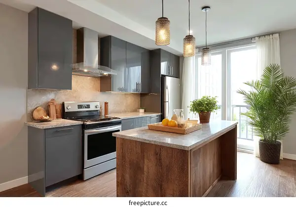 Modern Kitchen Interior Design with Island and Plants