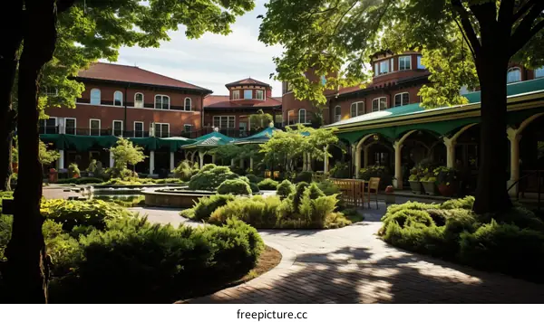 Luxurious Hotel Courtyard with Serene Garden and Fountain