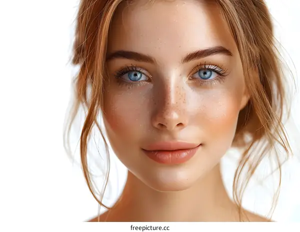 portrait of a young woman with freckles and blue eyes