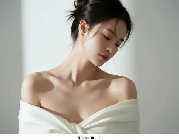 Elegant young woman with hair up in a white draped top