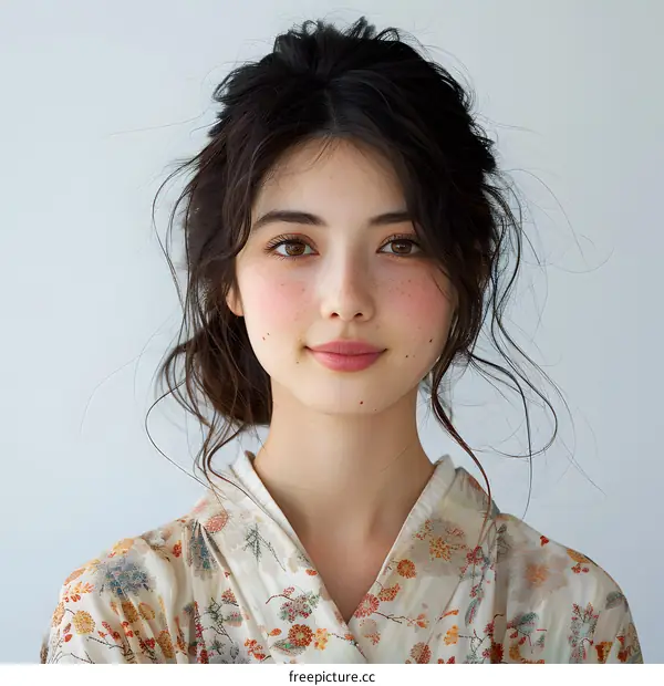 Portrait of a young woman with freckles and a bun