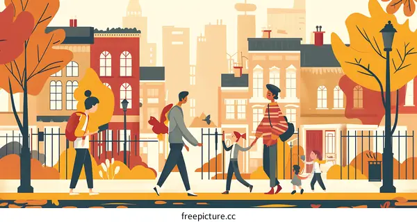 Family Walking Through Autumn City