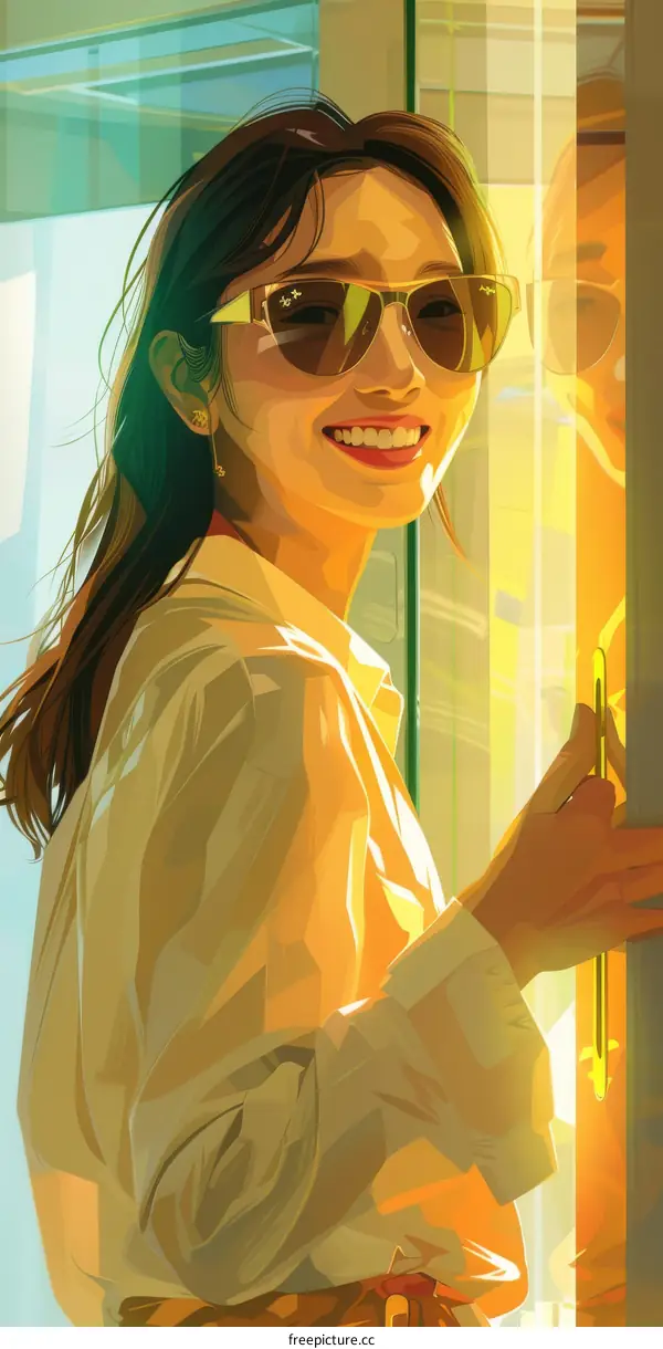 An illustration of a young woman smiling and opening a door.