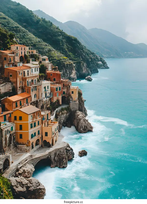 Coastal Village with Colorful Buildings and Dramatic Cliffs