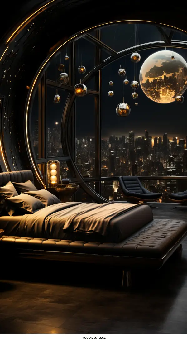 Futuristic bedroom with a view of the city at night