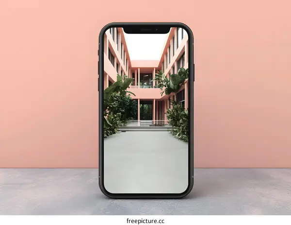 Pink Building Smartphone Mockup with Plants